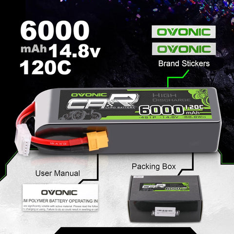 2 × OVONIC 4S Lipo Battery 6000mAh 120C 14.8V RC Lipo Battery with XT60 Plug for RC Vehicles Car RC Truck RC Airplane