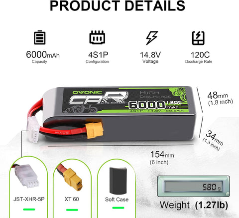 2 × OVONIC 4S Lipo Battery 6000mAh 120C 14.8V RC Lipo Battery with XT60 Plug for RC Vehicles Car RC Truck RC Airplane