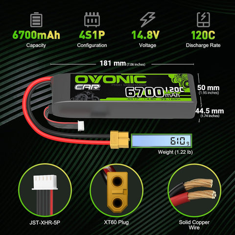 2 × OVONIC 4S Lipo Battery 6700mAh 120C 14.8V RC Lipo Battery with XT60 Plug for RC Vehicles RC Truck