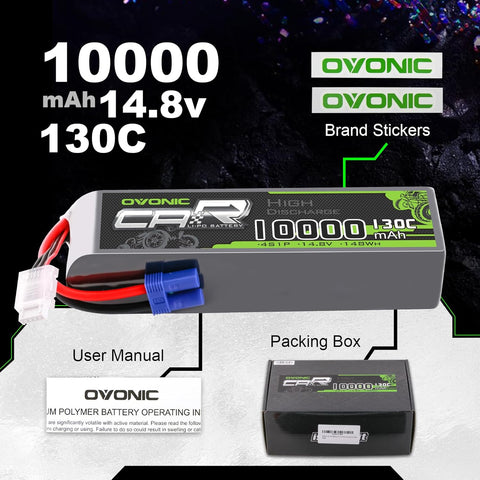 2 × OVONIC 4S Lipo Battery 10000mAh 130C 14.8V RC Lipo Battery with EC5 Plug for 8S RC Truck RC Car Vehicles