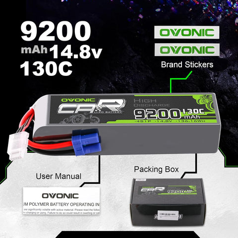 2 × OVONIC 4S Lipo Battery 9200mAh 130C 14.8V RC Lipo Battery with EC5 Plug for RC X Truck Cars RC Vehicles Tanks