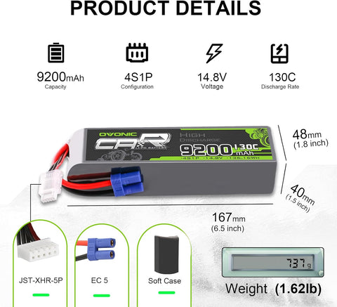 2 × OVONIC 4S Lipo Battery 9200mAh 130C 14.8V RC Lipo Battery with EC5 Plug for RC X Truck Cars RC Vehicles Tanks