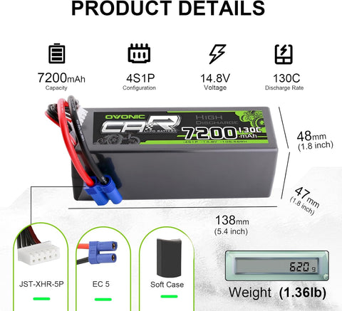 2 × OVONIC 4S Lipo Battery 7200mAh 130C 14.8V RC Lipo Battery with EC5 Plug for RC 1/10 1/8 Vehicles Car RC Truck