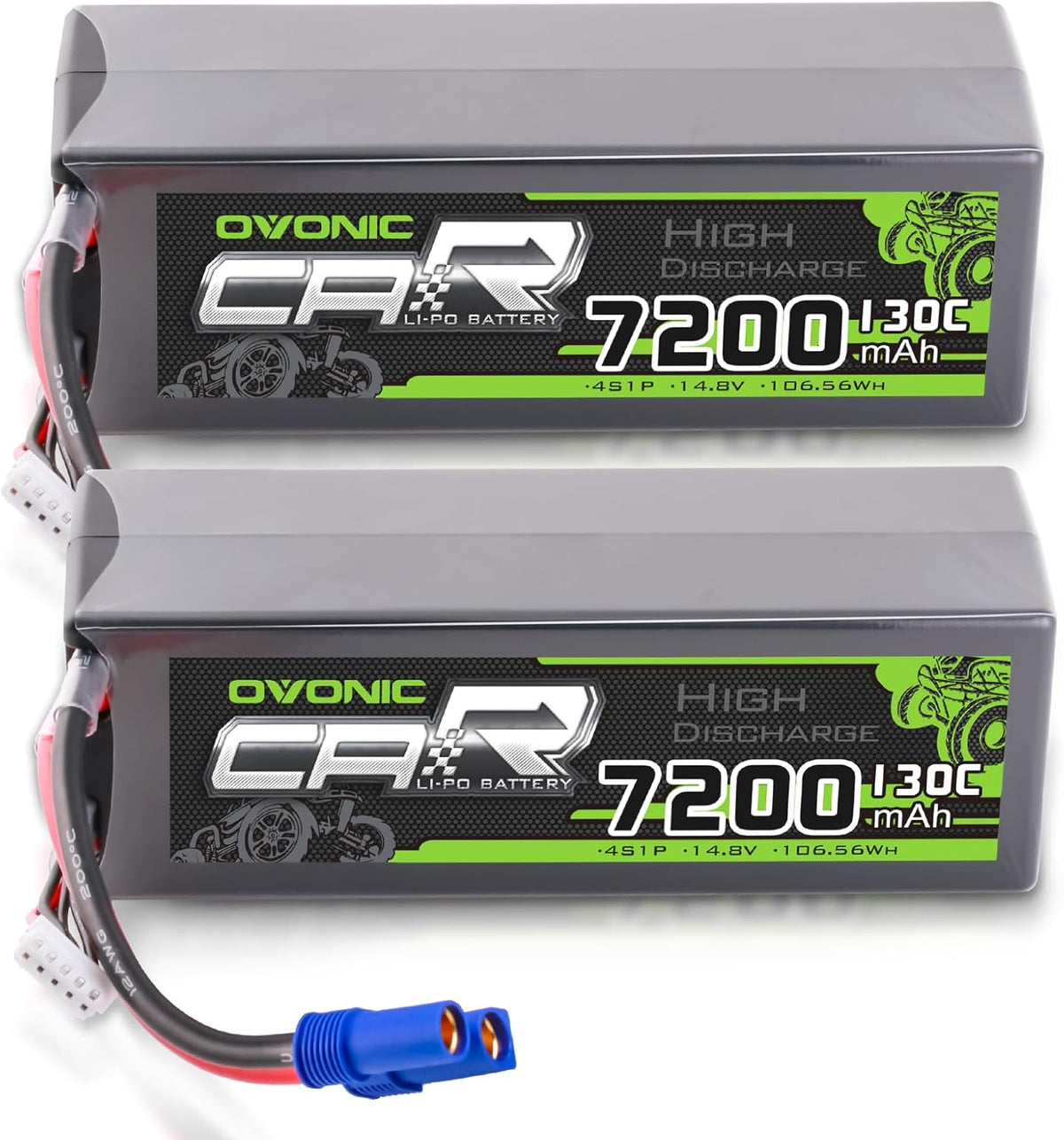 2 × OVONIC 4S Lipo Battery 7200mAh 130C 14.8V RC Lipo Battery with EC5 Plug for RC 1/10 1/8 Vehicles Car RC Truck