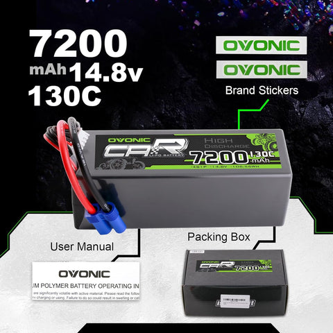 2 × OVONIC 4S Lipo Battery 7200mAh 130C 14.8V RC Lipo Battery with EC5 Plug for RC 1/10 1/8 Vehicles Car RC Truck