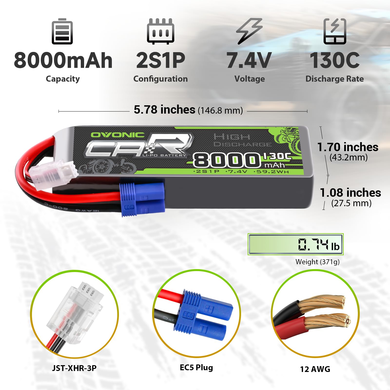 2 x OVONIC 2S 8000mAh 7.4V 130C Lipo Battery with EC5 Connector & Lipo Voltage Checker