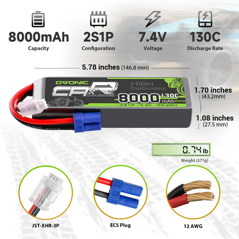 2 x OVONIC 2S 8000mAh 7.4V 130C Lipo Battery with EC5 Connector & Lipo Voltage Checker