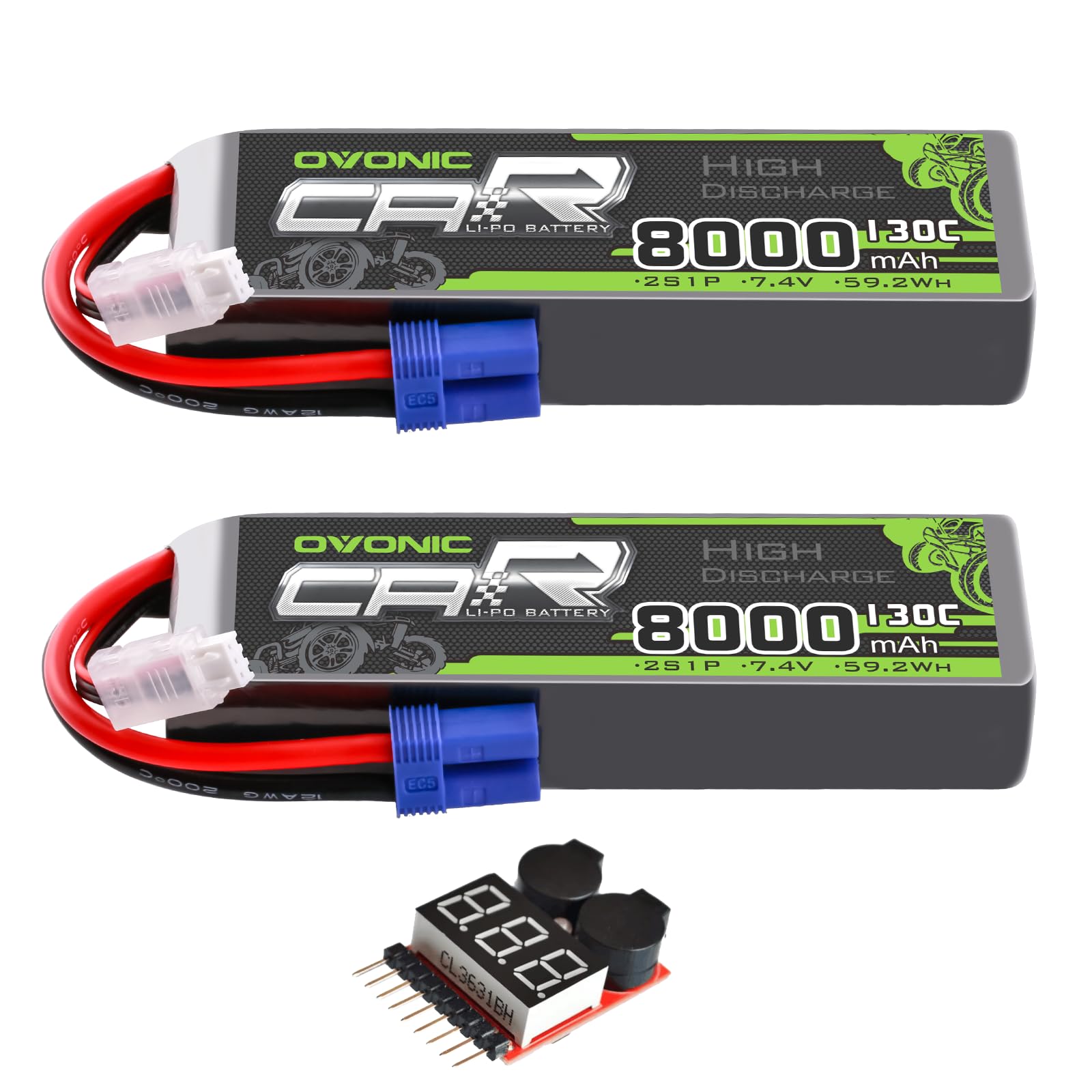 2 x OVONIC 2S 8000mAh 7.4V 130C Lipo Battery with EC5 Connector & Lipo Voltage Checker