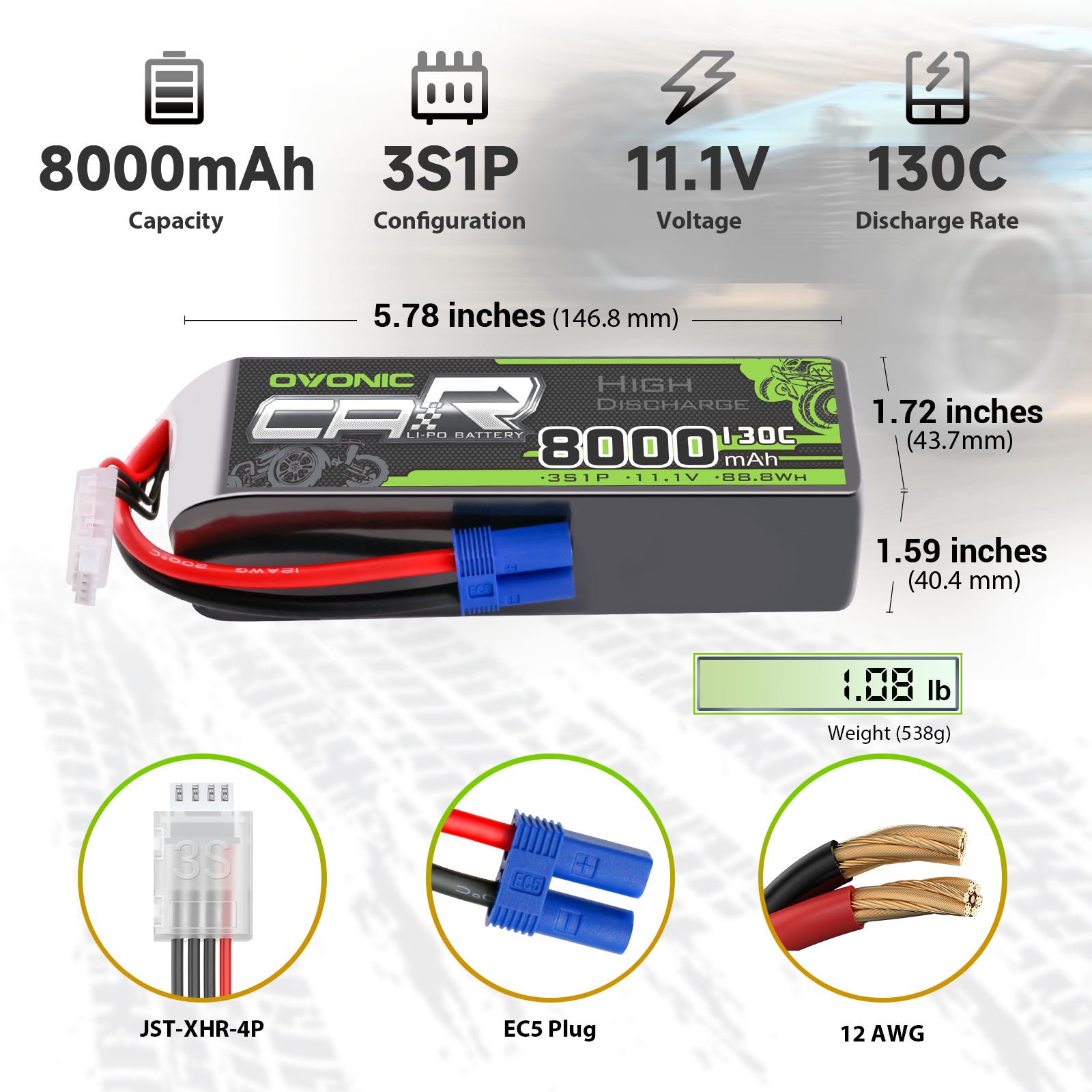 2 x OVONIC 3S 8000mAh 11.1V 130C Lipo Battery with EC5 Connector & Lipo Voltage Checker