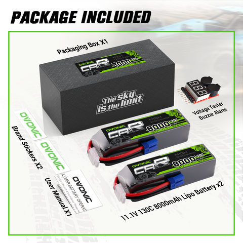 2 x OVONIC 3S 8000mAh 11.1V 130C Lipo Battery with EC5 Connector & Lipo Voltage Checker