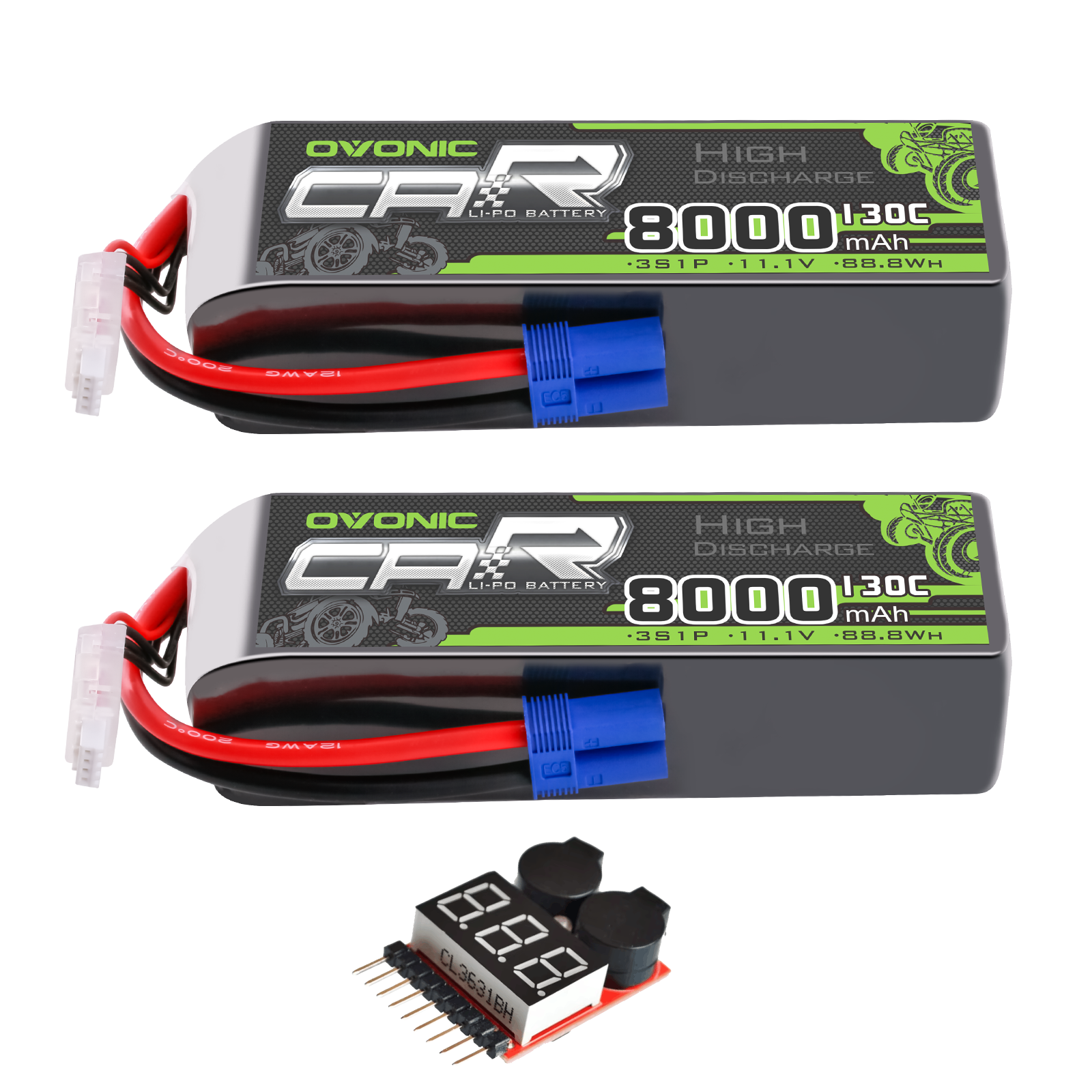 2 x OVONIC 3S 8000mAh 11.1V 130C Lipo Battery with EC5 Connector & Lipo Voltage Checker