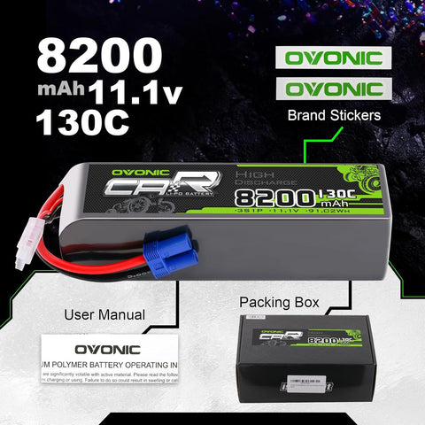 2 × OVONIC 3S Lipo Battery 8200mAh 130C 11.1V RC Lipo Battery with EC5 Plug for 1/8 4X4 RC Vehicles Car RC Truck