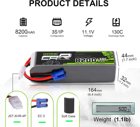 2 × OVONIC 3S Lipo Battery 8200mAh 130C 11.1V RC Lipo Battery with EC5 Plug for 1/8 4X4 RC Vehicles Car RC Truck