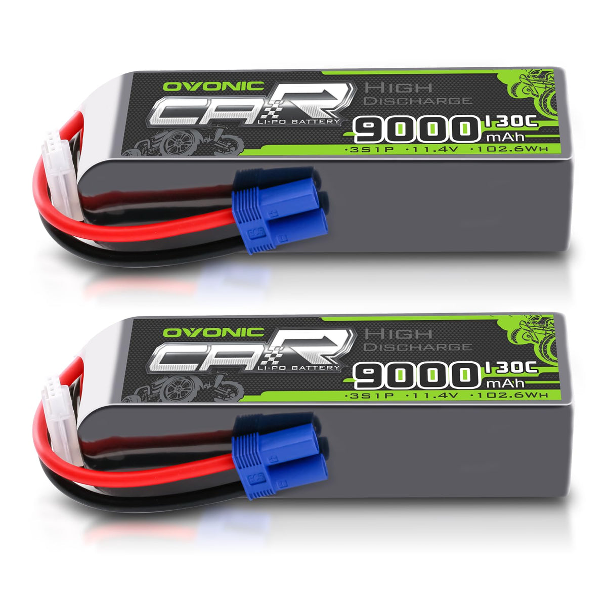 2xOVONIC 3S LiPo Battery 9000mAh 11.4V High Voltage 130C RC Battery with EC5 Plug