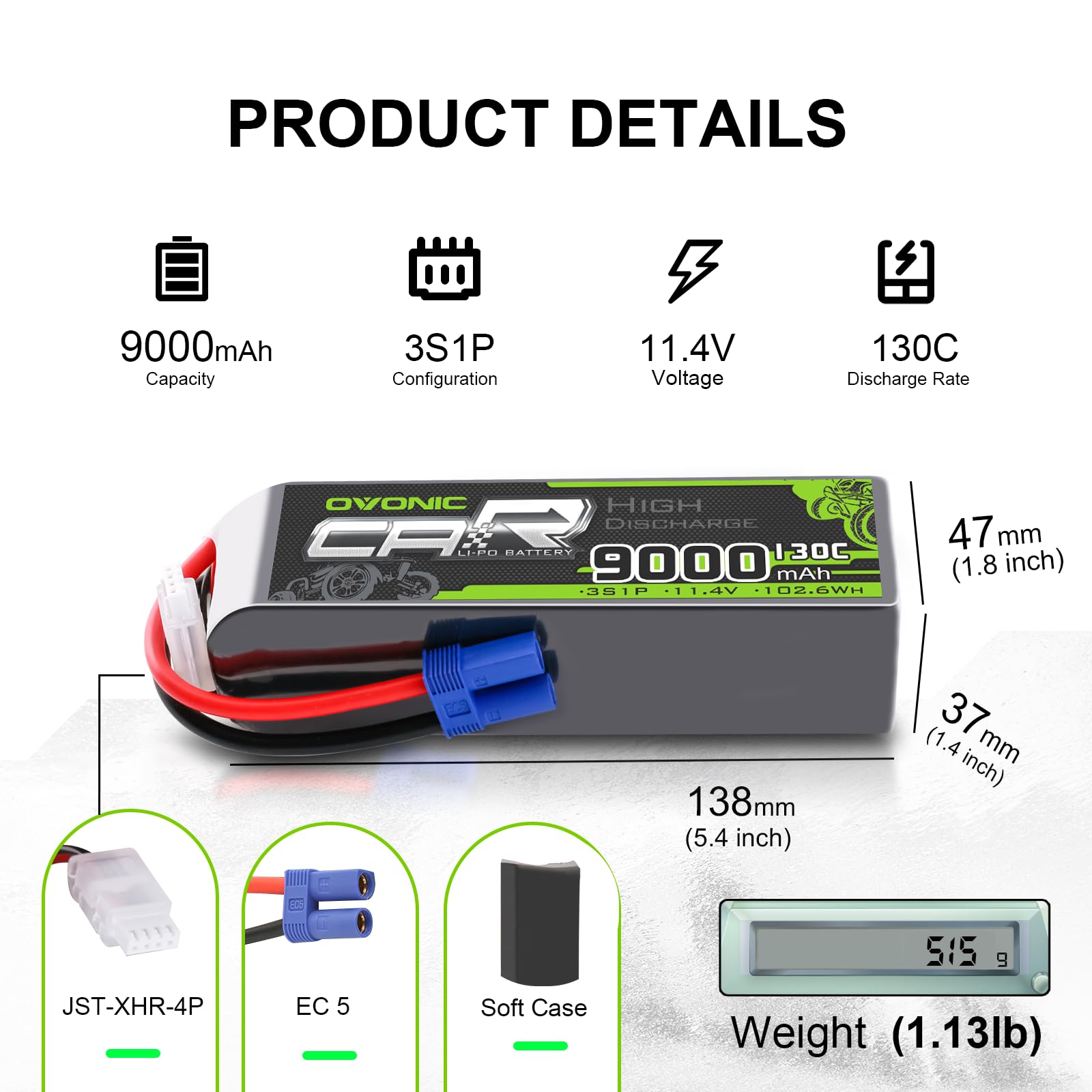 2xOVONIC 3S LiPo Battery 9000mAh 11.4V High Voltage 130C RC Battery with EC5 Plug