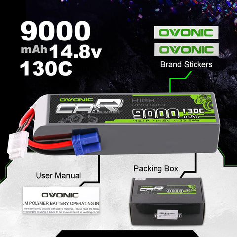 2xOVONIC 4S LiPo Battery 9000mAh 14.8V 130C RC Battery with EC5 Plug Connector RC Car Boat Truck Tank RC Racing Models