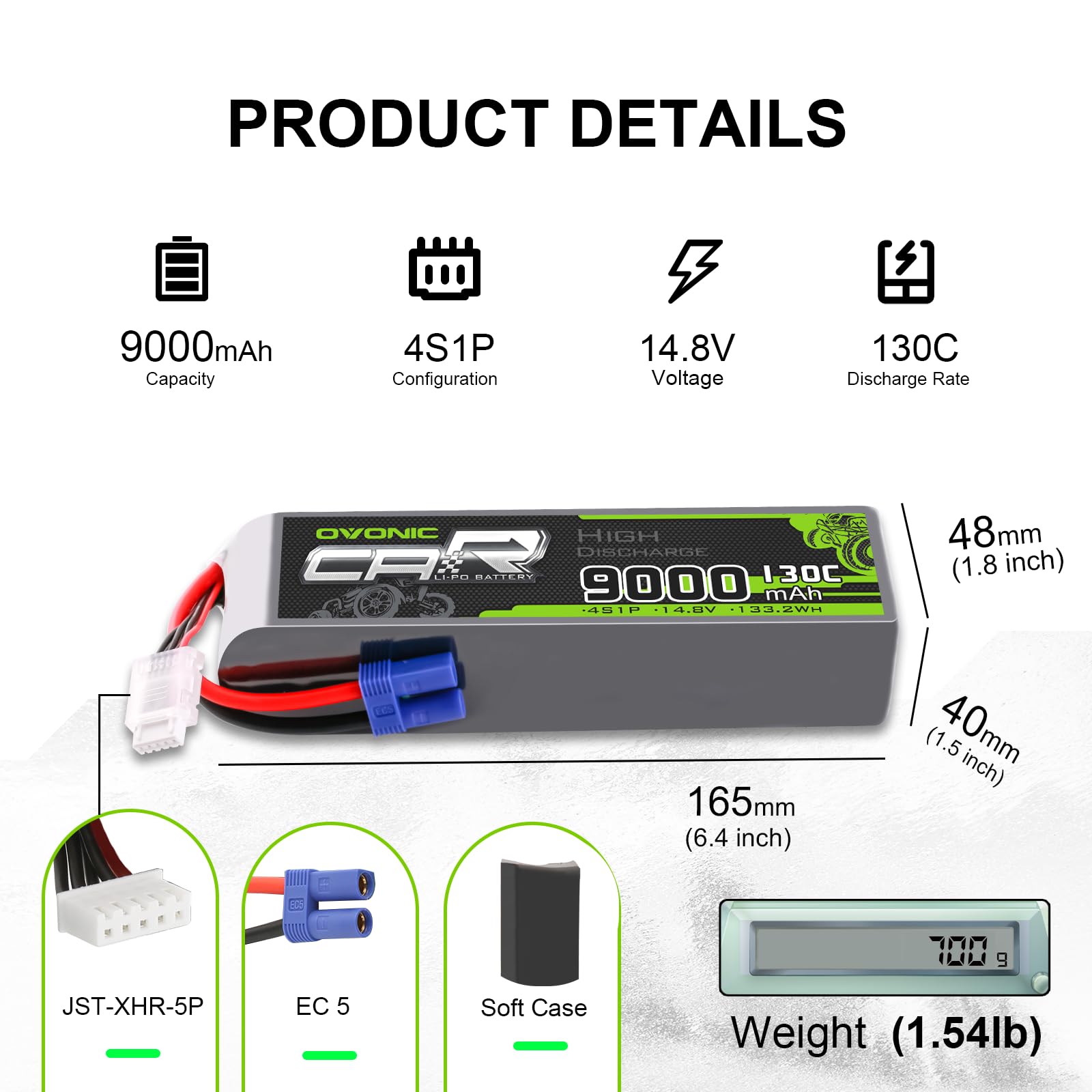 2xOVONIC 4S LiPo Battery 9000mAh 14.8V 130C RC Battery with EC5 Plug