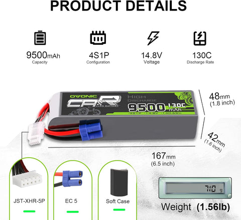 2 × OVONIC 4S Lipo Battery 9500mAh 130C 14.8V RC Lipo Battery with EC5 Plug for RC 1/5 Truck RC Car Vehicles