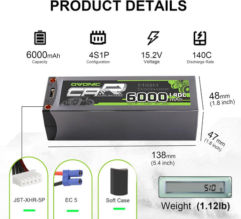 2 × OVONIC 4S Lipo Battery 6000mAh 140C 15.2V RC Lipo Battery with EC5 Plug for RC Vehicles Car RC 1/5 Truck Buggy