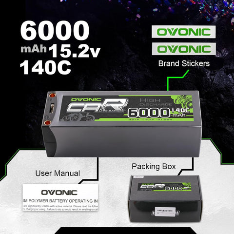 2 × OVONIC 4S Lipo Battery 6000mAh 140C 15.2V RC Lipo Battery with EC5 Plug for RC Vehicles Car RC 1/5 Truck Buggy