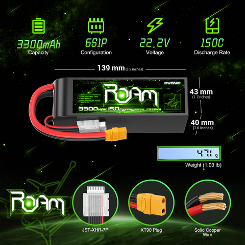 Ovonic Roam Series 6S Lipo Battery 3300mAh 6S1P 150C 22.2V Long Range Lipo Battery with XT90 Plug for 6-7inch Long Range Cinelifter Multirotor X-Class