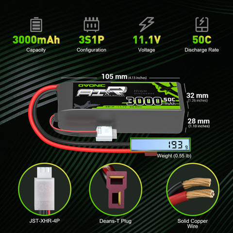 2×Ovonic 3S Lipo Battery 3000mAh 50C 11.1V with Deans Plug for Smaller Aircraft