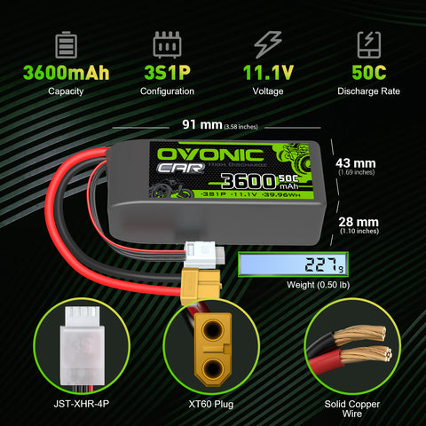 Ovonic 3S Lipo Battery 3600mah 3S1P 50C 11.1V Lipo Battery Pack with XT60 & EC3 Plug for RC Truck Rock Crawler RC Aeroplane Quadcopter Helicopter