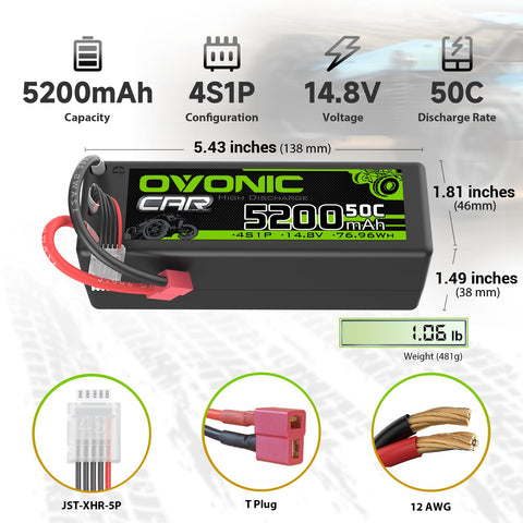 OVONIC 4S 14.8V 5200mAh 50C Hardcase Lipo Battery with T Plug