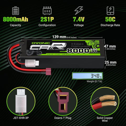 OVONIC 2S Lipo Battery 8000mAh 2S1P 50C 7.4V RC Lipo Battery HardCase with Deans T Plug  for Losi 1/8 Scale Racing RC Car Vehicles Truck Buggy