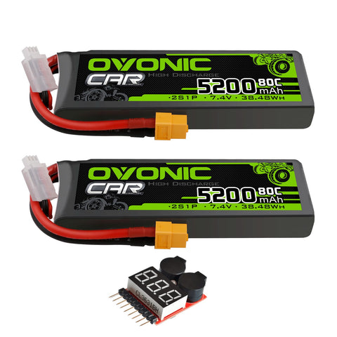 2 x OVONIC 2S 5200mAh Lipo Battery 7.4V 80C Battery with XT60 Plug & Lipo Voltage Checker for 1/10 scale RC Car & Truck Boat Low-Mid Power RC Airplane