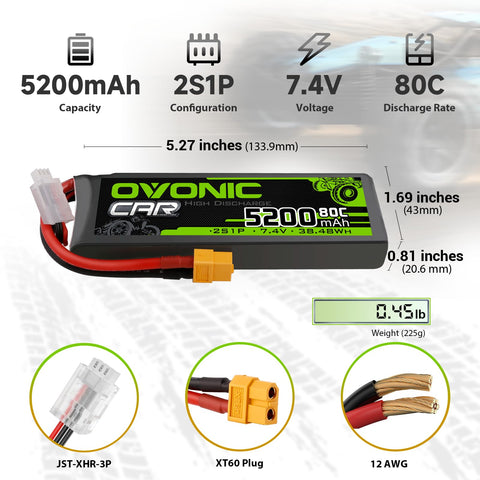 2 x OVONIC 2S 5200mAh Lipo Battery 7.4V 80C Battery with XT60 Plug & Lipo Voltage Checker for 1/10 scale RC Car & Truck Boat Low-Mid Power RC Airplane