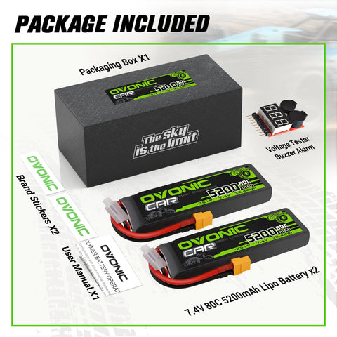 2 x OVONIC 2S 5200mAh Lipo Battery 7.4V 80C Battery with XT60 Plug & Lipo Voltage Checker for 1/10 scale RC Car & Truck Boat Low-Mid Power RC Airplane