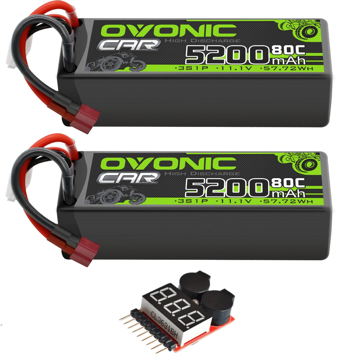 2 x OVONIC 3S 80C Lipo Battery 11.1V 5200mAh Hardcase with Deans Plug & Lipo Voltage Checker for 1/10 Scale for RC Car Truck Boat RC racing