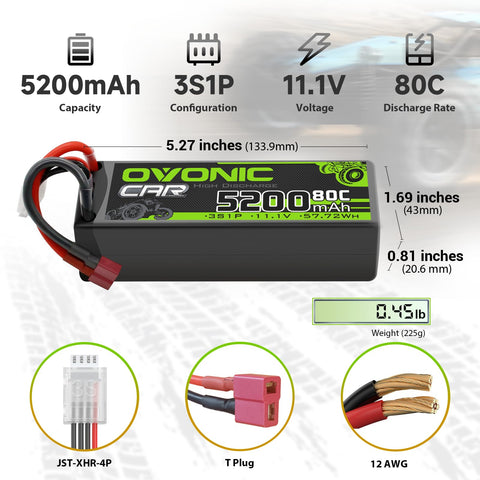 2 x OVONIC 3S 80C Lipo Battery 11.1V 5200mAh Hardcase with Deans Plug & Lipo Voltage Checker for 1/10 Scale for RC Car Truck Boat RC racing