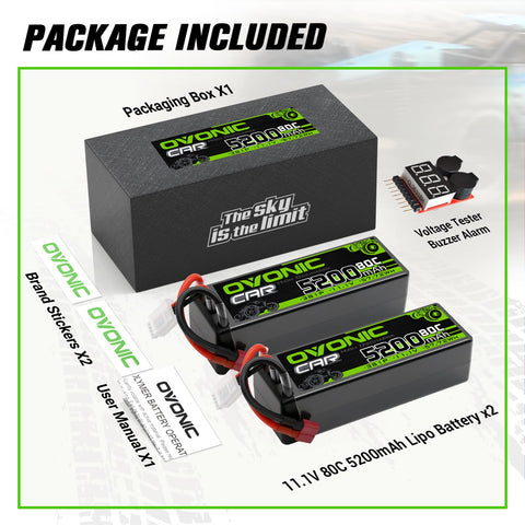 2 x OVONIC 3S 80C Lipo Battery 11.1V 5200mAh Hardcase with Deans Plug & Lipo Voltage Checker for 1/10 Scale for RC Car Truck Boat RC racing