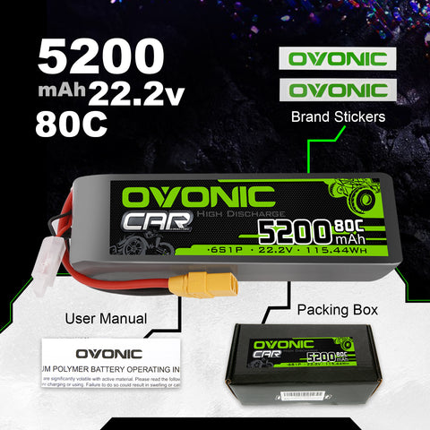 OVONIC 6S LiPo Battery 5200mAh 6S1P 80C 22.2V Battery with XT90 Plug for Long Range FPV Drone Cenilifter RC Airplane RC Car Truck Boat Hobby