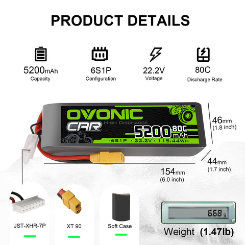 OVONIC 6S LiPo Battery 5200mAh 6S1P 80C 22.2V Battery with XT90 Plug for Long Range FPV Drone Cenilifter RC Airplane RC Car Truck Boat Hobby