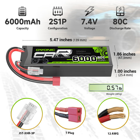 2 x OVONIC 6000mAh 80C 2S 7.4V Lipo Battery Hardcase with Deans Plug & Lipo Voltage Checker for 1/10 & 1/8 scale RC Cars Trucks  Boats and buggies