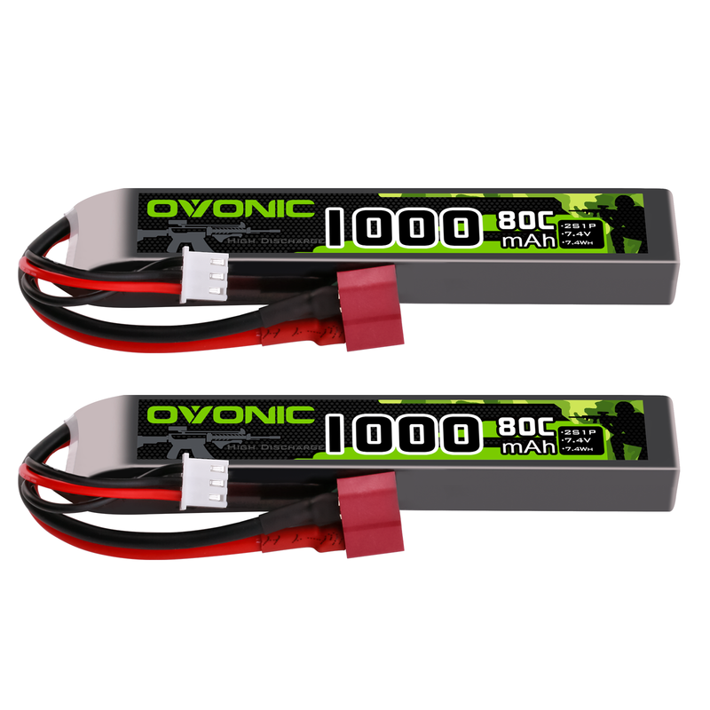 2 x Ovonic 2S 1000mAh 80C 7.4V Airsoft Lipo Battery with Dean(T) Plug