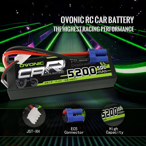 Ovonic 2S 5200mAh 50C 7.4V Hardcase LiPo Battery with EC5 Plug for 1/10 ARRMA Car - Ampow