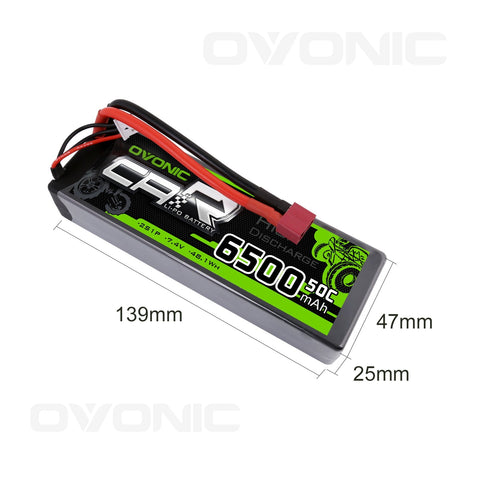 OVONIC 2S LiPo Battery Pack 6500mAh 50C 7.4V Hardcase with Deans Plug for On Road RC Car RC Buggy