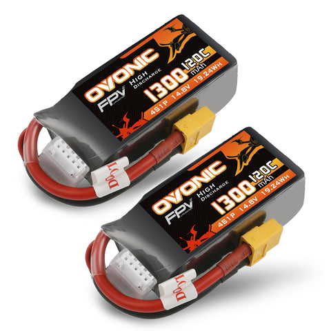 2×Ovonic 120C 1300mAh 4S LiPo Battery Pack 14.8V for FPV Racing Drone with XT60 Plug