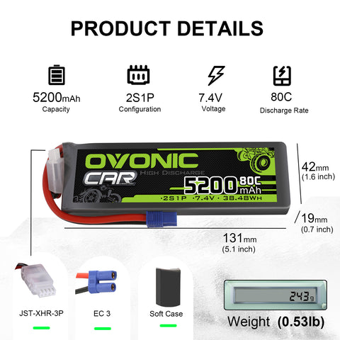 Ovonic 80C 2S1P 5200mAh 7.4V LiPo Battery for RC Car - EC3 Plug