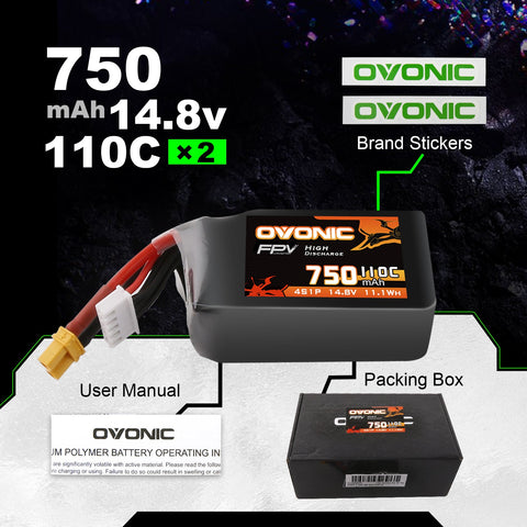 2x Ovonic 110C 4S 750mah Lipo Battery 14.8V Pack with XT30 Plug for FPV Racing FPV Ampow