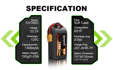 2x Ovonic 130C 6S 1300mah Lipo Battery 22.2V Pack with XT60 Plug for FPV Racing FPV Ampow