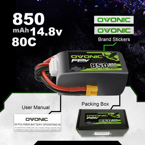 4x Ovonic 4S Lipo Battery 850mah 4S1P 80C 14.8V Lipo Battery Pack with XT30 Plug for 3-5inch Cinewhoop Cinematic Toothpick Long Range FPV Racing Freestyle Drone