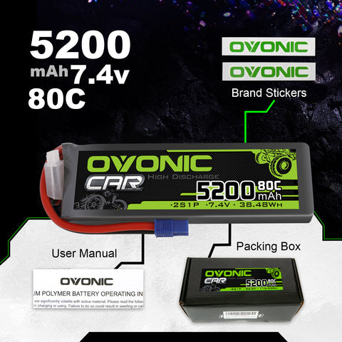 Ovonic 80C 2S1P 5200mAh 7.4V LiPo Battery for RC Car - EC3 Plug