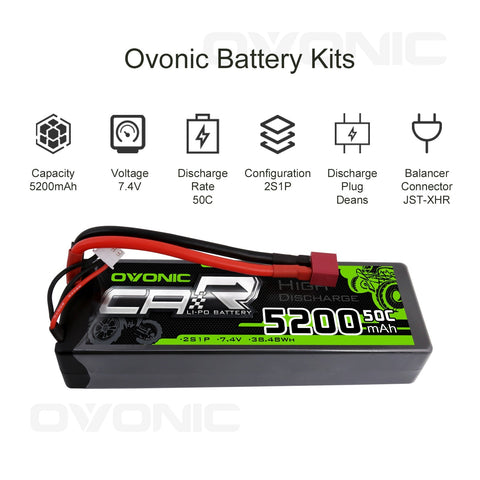 OVONIC 2S Lipo Battery Pack 5200mAh 50C 7.4V Hardcase with Deans Plug for 1/10 RC Car RC Trucks