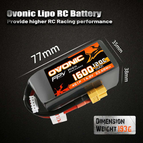 [4 Packs] Ovonic 120C 14.8V 1600mAh 4S LiPo Battery Pack for FPV Racing - XT60 Plug - Ampow