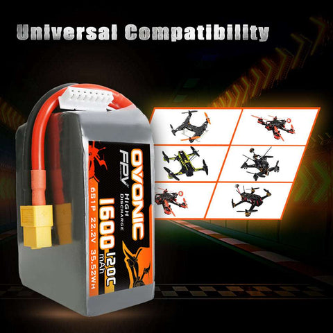 Ovonic 120C 22.2V 6S 1600mAh LiPo Battery for FPV Racing with XT60 Plug - Ampow